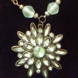 Vintage Style Green Starburst Pendant Beaded Necklace Antique Bronze Boho